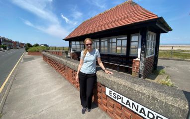Cat Smith MP with the Knott End shelter she has chosen on her mile as part of Beach of Dreams